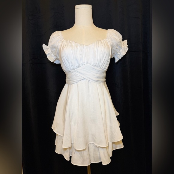 Cellecci Dresses & Skirts - NWOT - White Off-the-shoulder Romper with A Tiered Skirt Overlay. Size Small